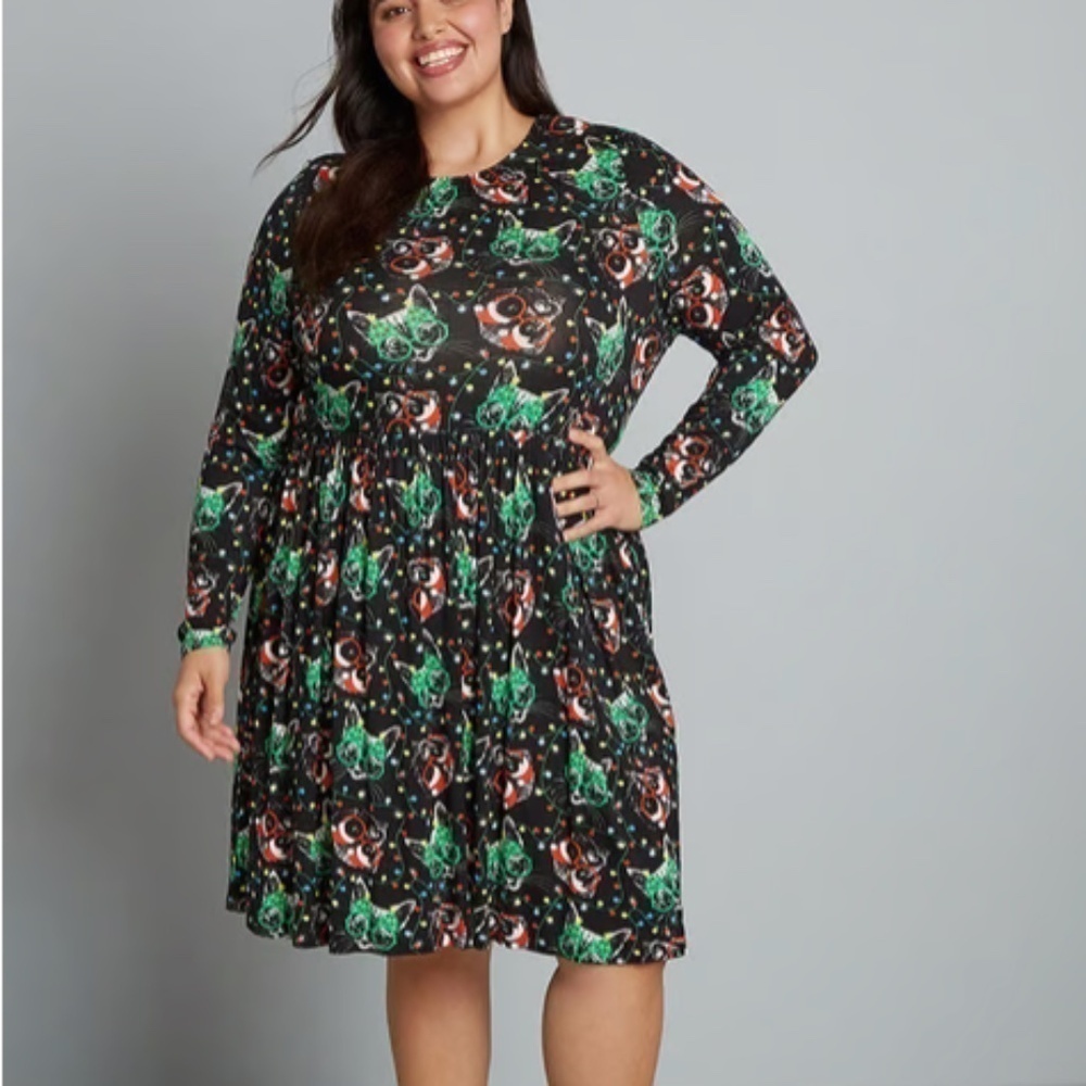 MODCLOTH Holiday Party Christmas Trees Stretch Babydoll Dress • New with Tags